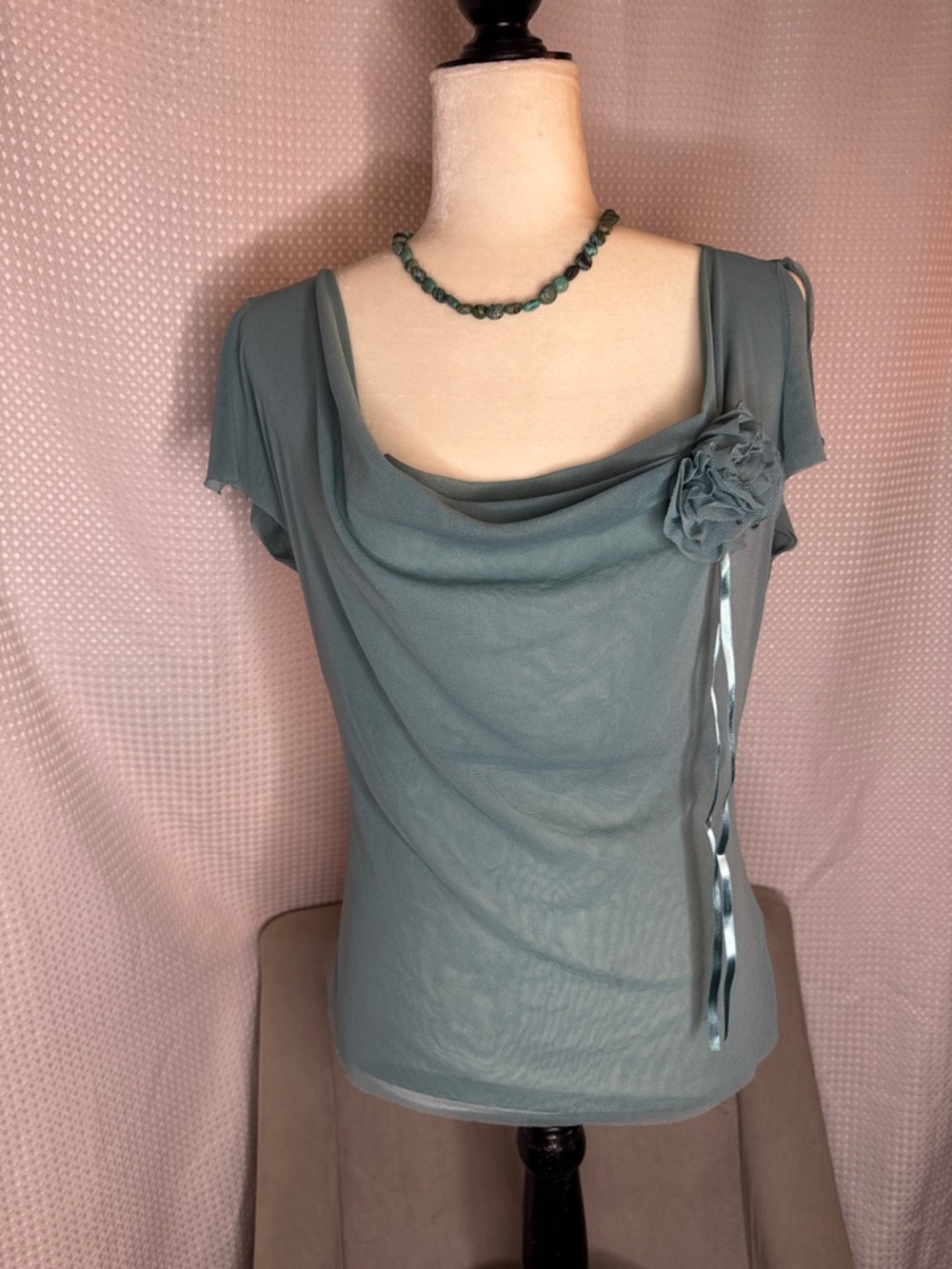 The Limited Teal Draped Neck Short Split Sleeve Blouse with Rosette.